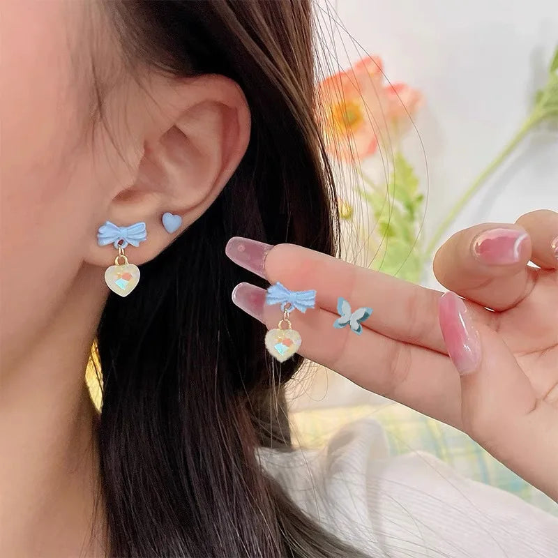 DAIIIBABYYY  -  Cute Pink Heart Butterfly Cat Cartoon Stud Earrings Set for Women Fashion Girls Dreamy Bow Pearl Floral Earring Jewelry