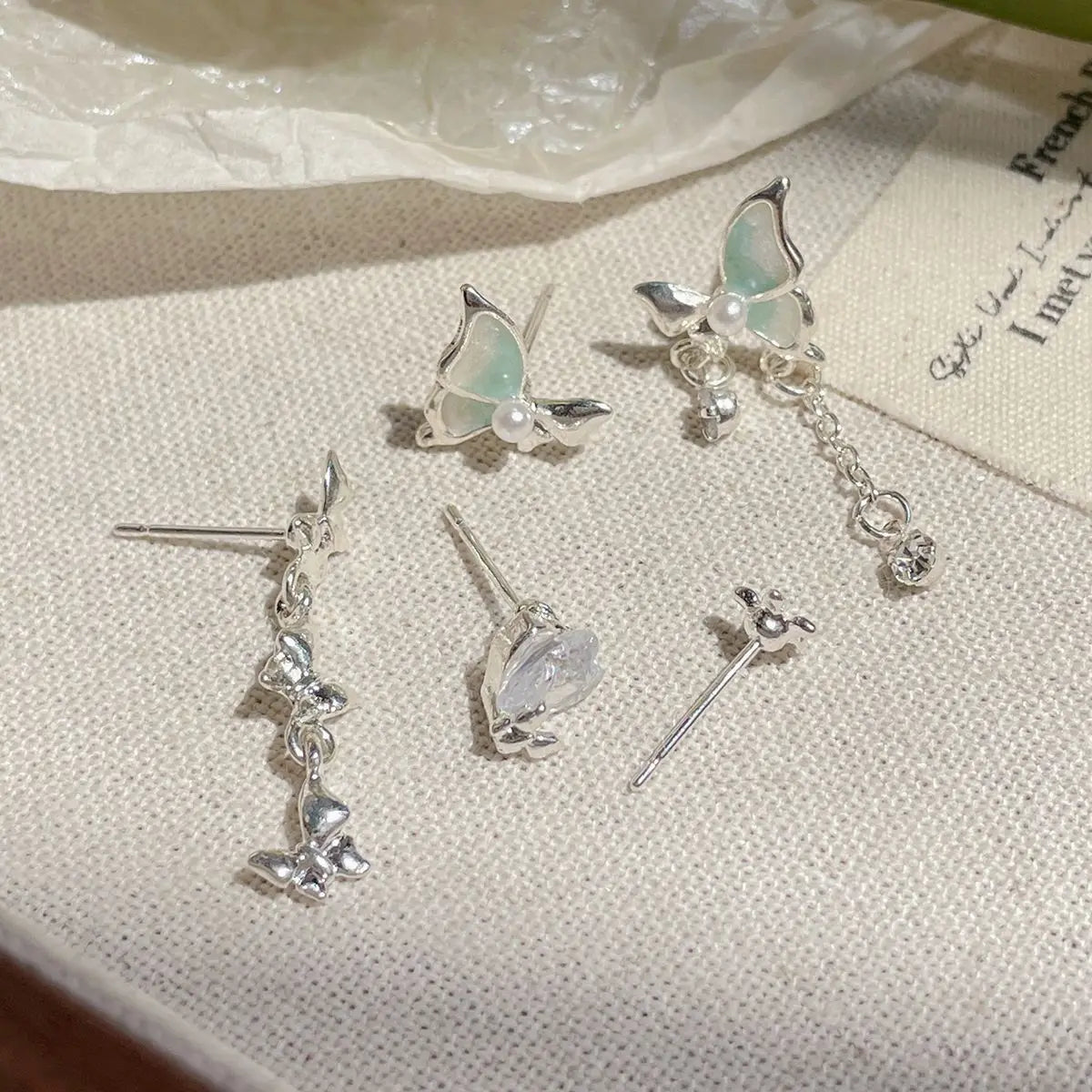 DAIIIBABYYY  -  Girls Sweet Summer Green Color Stud Earrings Set Butterfly Rhinestone Pearl Tassel Drop Earring Women Party Jewelry