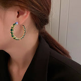 Daiiibabyyy  Green Zircon C-shaped Earrings for Female Fashion Exaggerated Hoop Earrings Inlaid Rhinestone Women's Jewelry for Party
