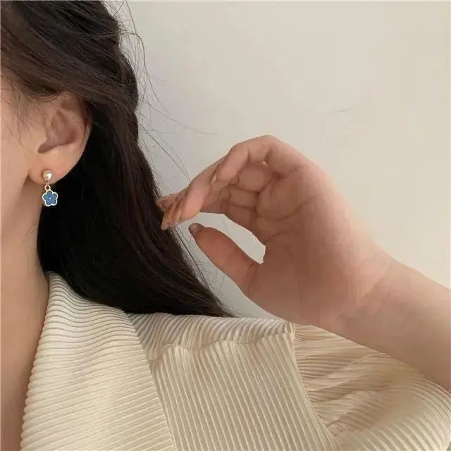 Daiiibabyyy  French Delicate Enamel Blue Small Flower Imitation Pearl Dangle Earrings for Women Elegant Fashion Jewelry Accessories