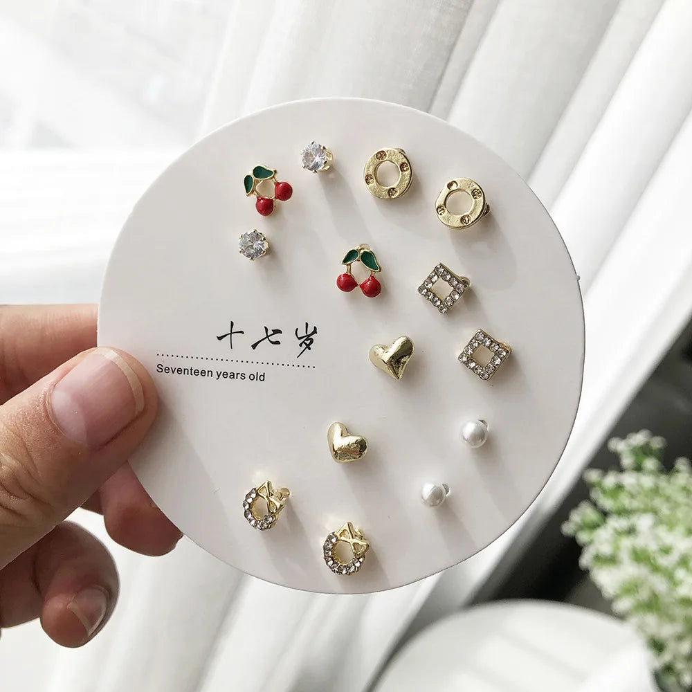 DAIIIBABYYY  -  Korean Fashion New Week Stud Earrings Set for Women Mini Sweet Pearl Heart Bow Rainbow Earring Luxury Jewelry Gift