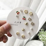 DAIIIBABYYY  -  Korean Fashion New Week Stud Earrings Set for Women Mini Sweet Pearl Heart Bow Rainbow Earring Luxury Jewelry Gift