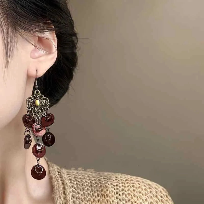 Daiiibabyyy  Boho Natural Shell Tassel Earring for Women Ethnic Gold Plated Flower Long Dangle Earrings Summer Fashion Jewelry Gift