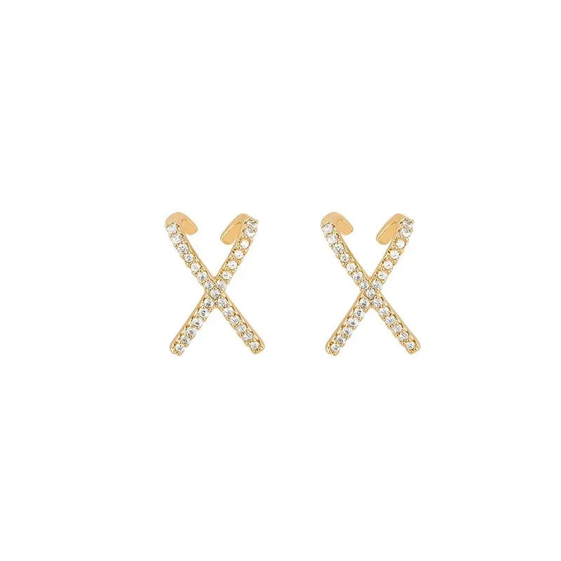 DAIIIBABYYY  -  French Simple X Shape Metal Set Cubic Zirconia Earrings Women's Personalised Hip Hop Style Jewellery Holiday Party Accessories