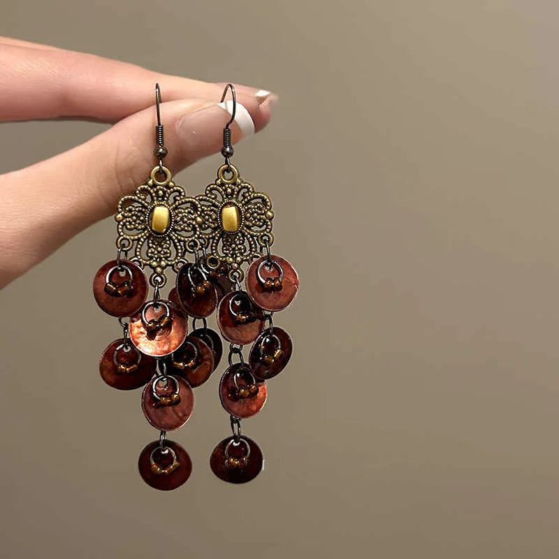 Daiiibabyyy  Boho Natural Shell Tassel Earring for Women Ethnic Gold Plated Flower Long Dangle Earrings Summer Fashion Jewelry Gift