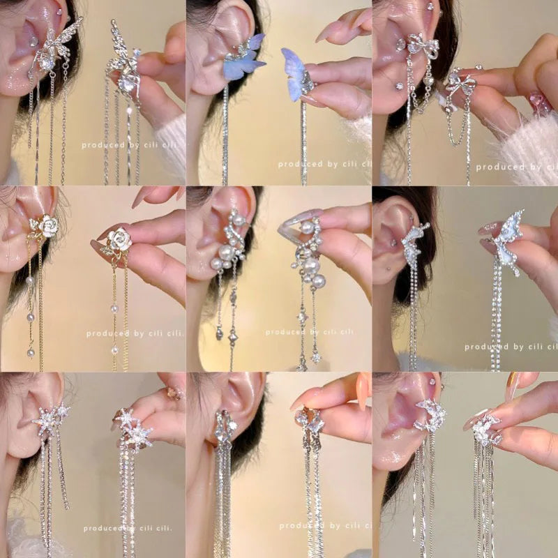 DAIIIBABYYY  -  Women Fairy Korean Fashion Butterfly Star Bow-knot Ear Clip Earrings Rhinestone Long Pearl Tassel Drop Ear Cuff Jewelry
