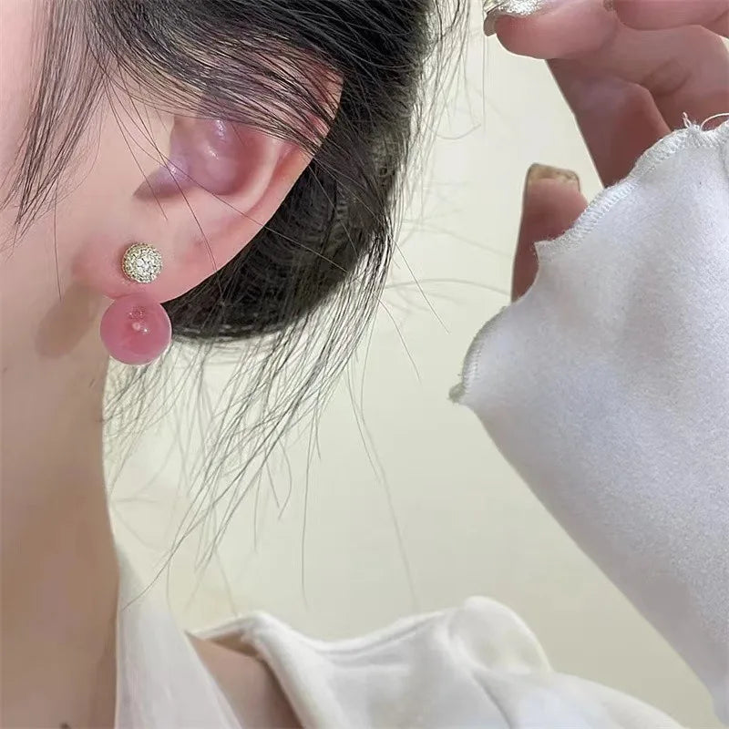 DAIIIBABYYY  -  Korean Sweet Pink Round Bead Earrings Set with Shiny Cubic Zirconia Stud Earrings for Women Elegant Fashion Jewelry Accessories