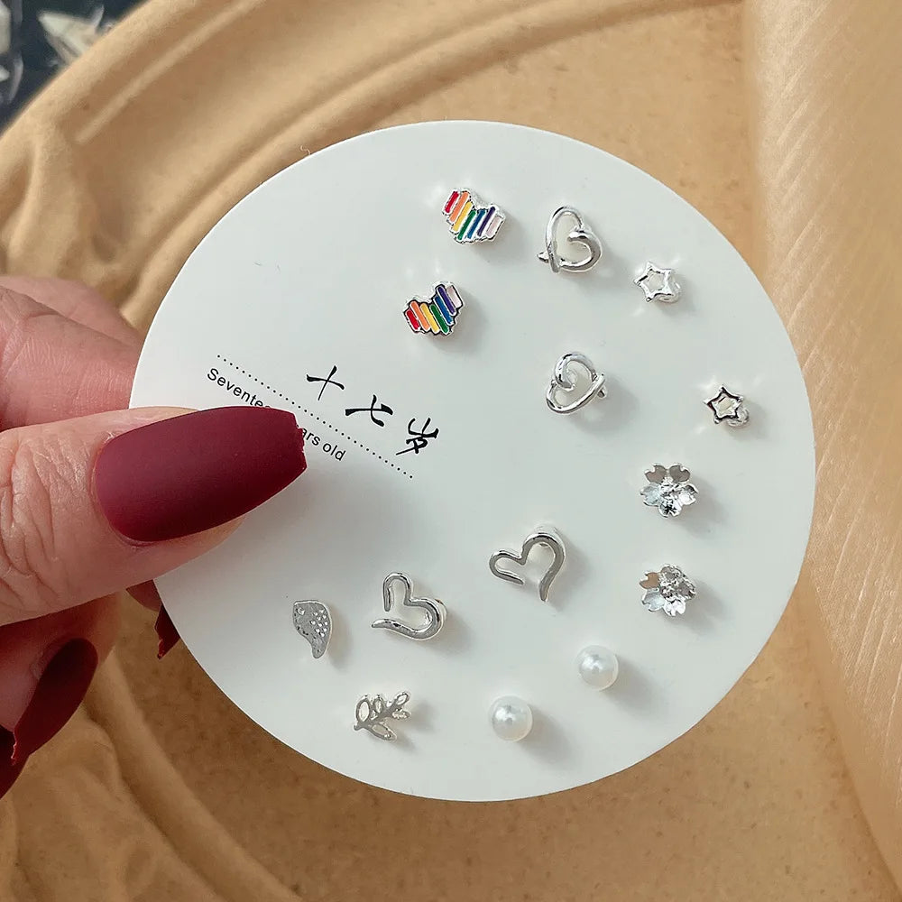 DAIIIBABYYY  -  Korean Fashion New Week Stud Earrings Set for Women Mini Sweet Pearl Heart Bow Rainbow Earring Luxury Jewelry Gift