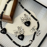 DAIIIBABYYY  -  New black heart polka dot bow necklace high-end sweet style clavicle chain earrings