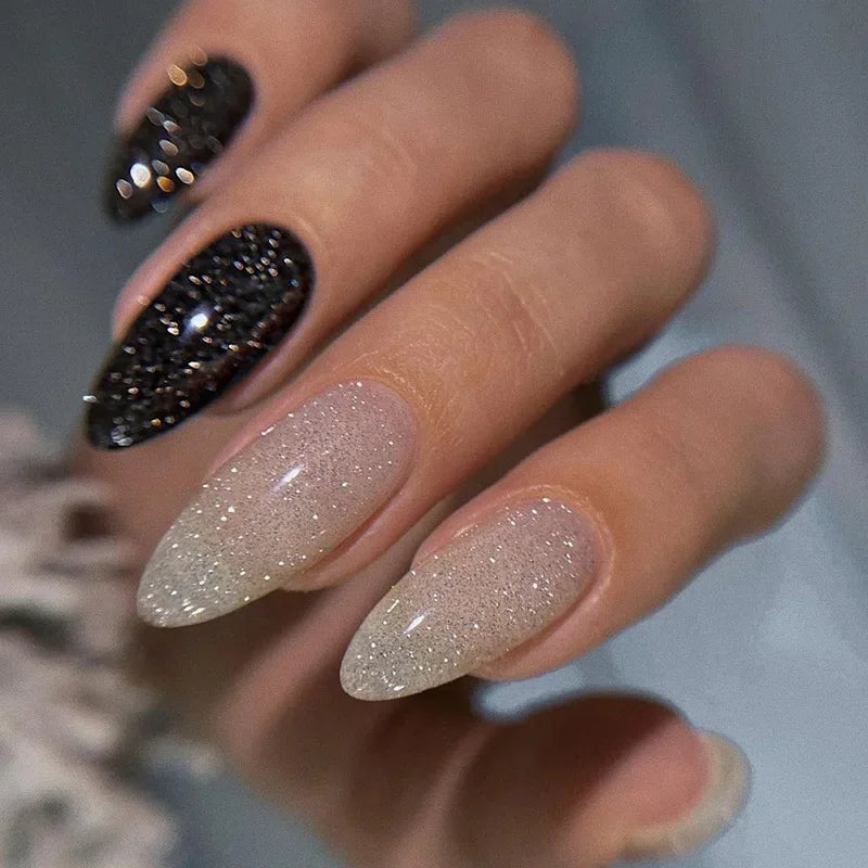 Daiiibabyyy 24Pcs Long French False Nails Almond Fake Nails with Shiny Sequin Design Stripe Finished Press on Nails Wearable Round Nail Tips