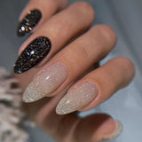 Daiiibabyyy 24Pcs Long French False Nails Almond Fake Nails with Shiny Sequin Design Stripe Finished Press on Nails Wearable Round Nail Tips