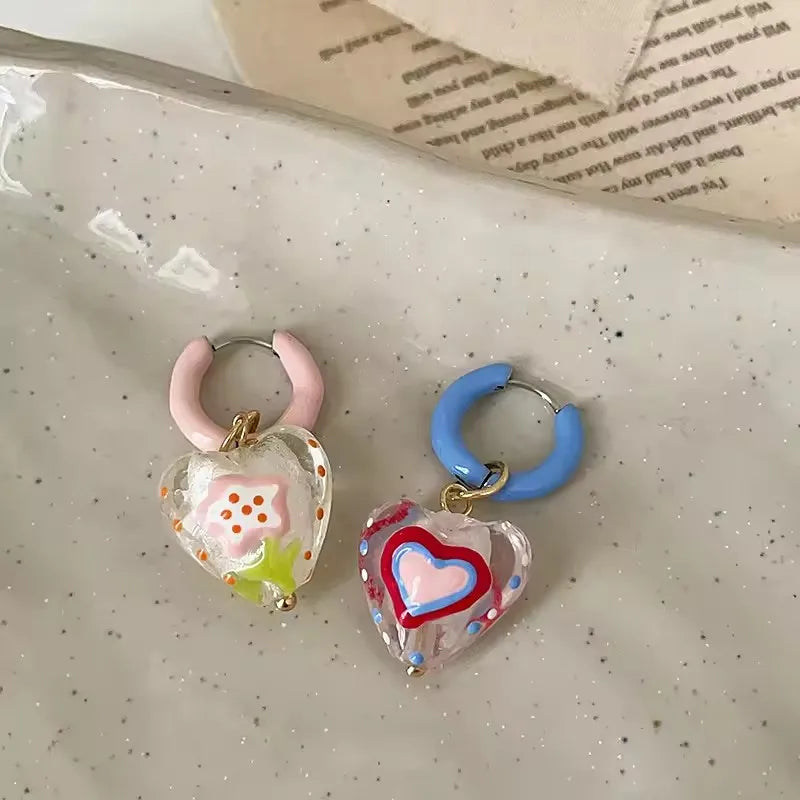 DAIIIBABYYY  -  Trendy Cute Colorful Asymmetrical Enamel Flowers Heart Drop Earrings For Women Girls Fashion Aesthetic Jewelry Gifts Wholesale