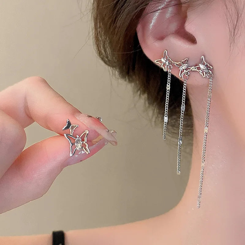 DAIIIBABYYY  -  Luxury Women's Asymmetric Butterfly Earrings Temperament Rhinestone Tassel Zircon Earrings Shiny Wedding Party Y2K Jewelry Gifts