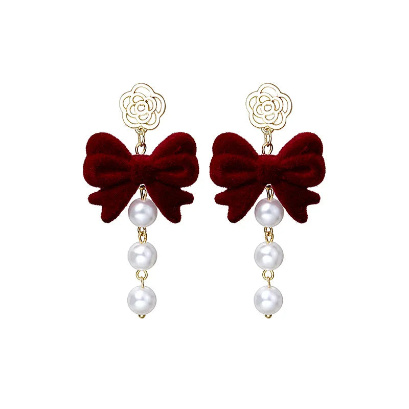 DAIIIBABYYY  -  New Romantic Winter Red Velvet Flocking Bow-knot Earrings Korean Fashion White Furry Ball Multi-style Dangle Earring Jewelry