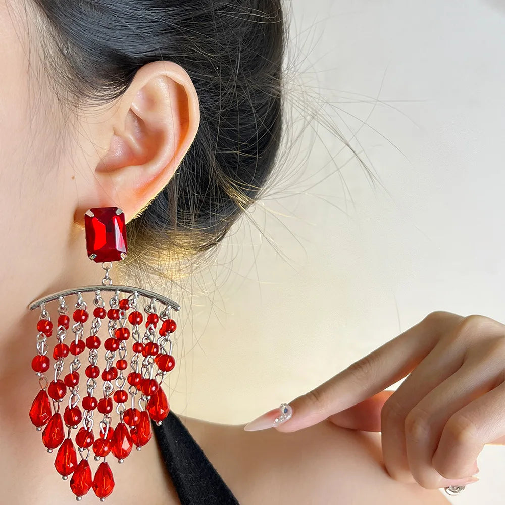 DAIIIBABYYY  -  Exaggerated red crystal tassel earrings
