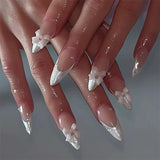 Daiiibabyyy  White Glitter Powder Bowknot Long Pointed Fake Nails Art Ballet False Nail Cow Print Pearl Rhinestone Pink Almond Press on Nails
