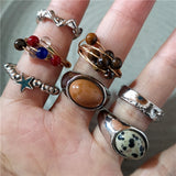 DAIIIBABYYY  -  New Fashion Vintage Brown Spotted Tiger Eye Stone Rings For Women Silver Color Irregular Round Open Ring Aesthetic Jewelry Gift