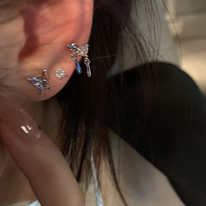 DAIIIBABYYY  -  6Pcs/set Women Silver Color Rhinestone Butterfly Stud Earrings Y2K Korean Fashion Punk Earring Stud Jewelry Sets Gift