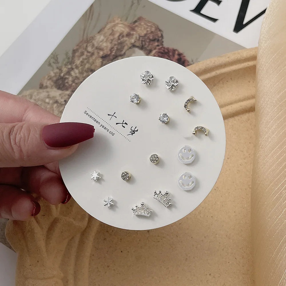 DAIIIBABYYY  -  Korean Fashion New Week Stud Earrings Set for Women Mini Sweet Pearl Heart Bow Rainbow Earring Luxury Jewelry Gift