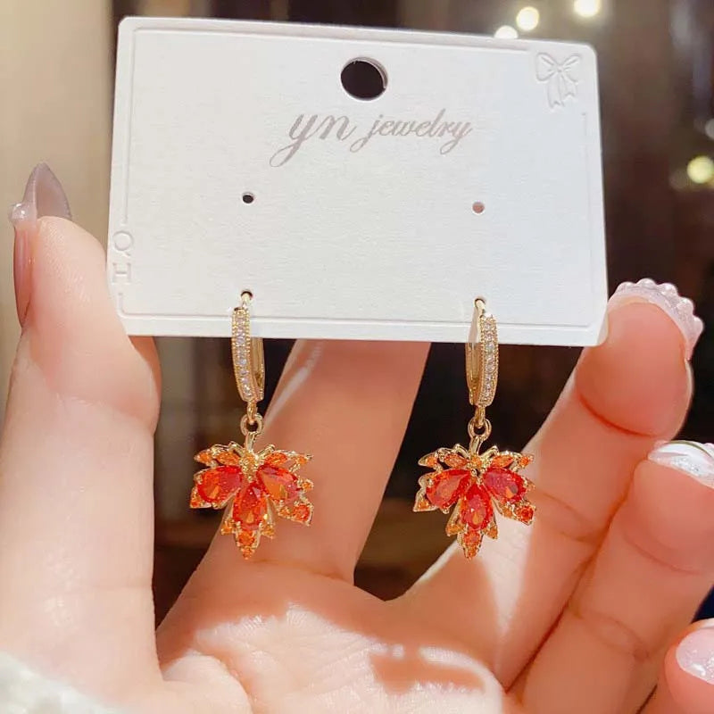 DAIIIBABYYY  -  New Fashion Green Crystal Maple Leaf Drop Earrings for Women Korea Elegant Temperament Zircon Earrings Wedding Jewelry Party