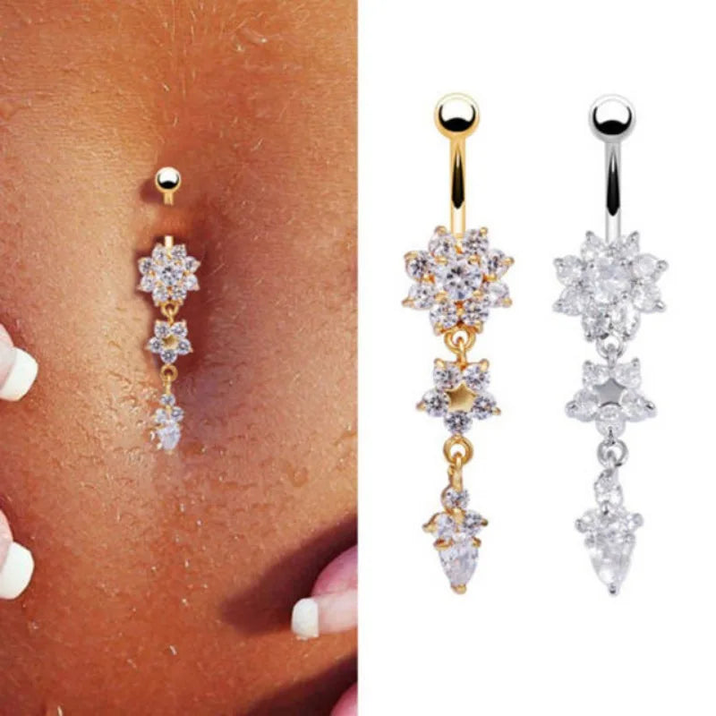 DAIIIBABYYY  -  Fashion Zircon Heart Belly Button Piercing for Women Stainless Steel Long Flower Pendant Navel Rings Piercing Ombligo Jewelry