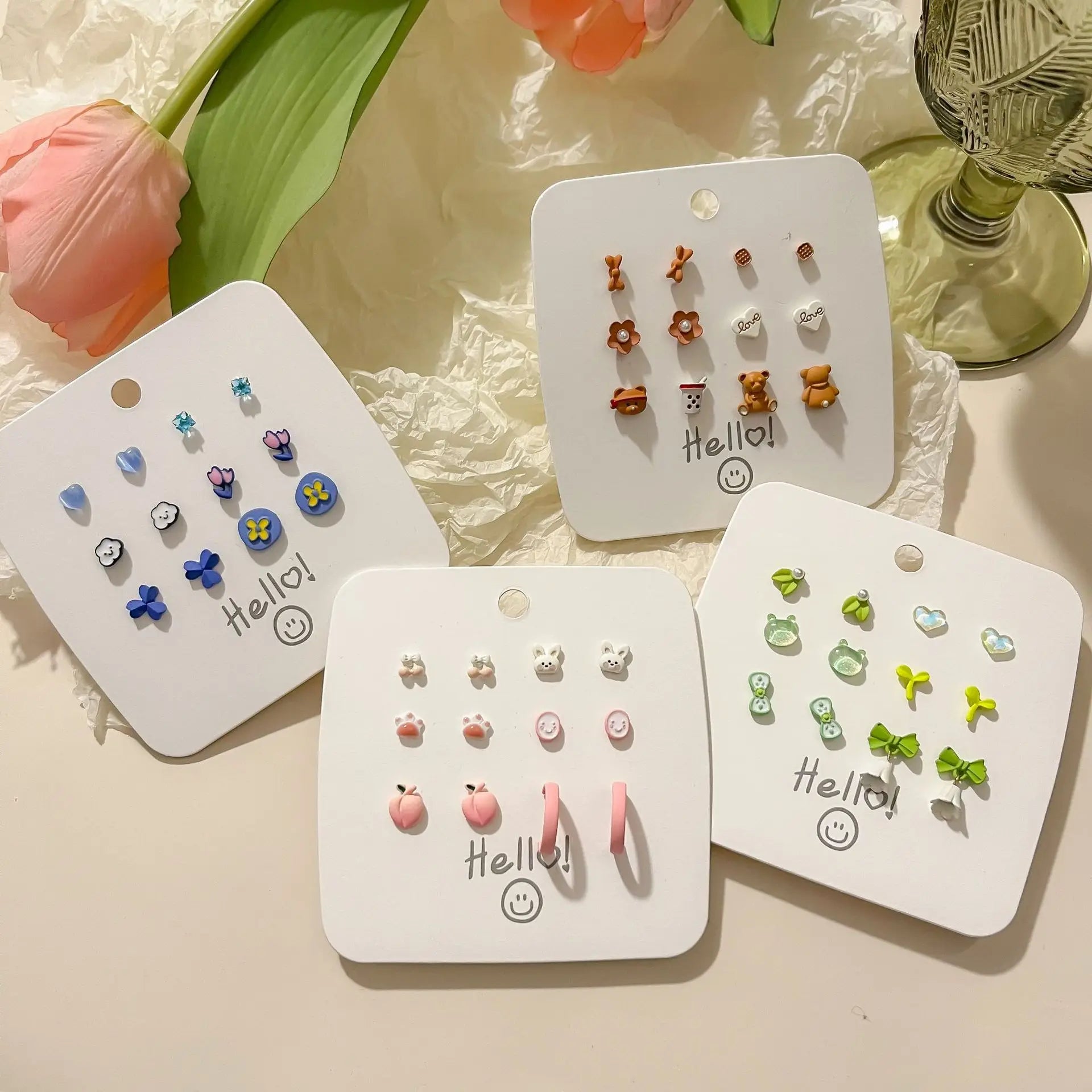 DAIIIBABYYY  -  Hot Selling Cute Flower Heart Cartoon Animal Stud Earrings Set for Women Korean Fashion Sweet Pink Peach Earring Jewelry