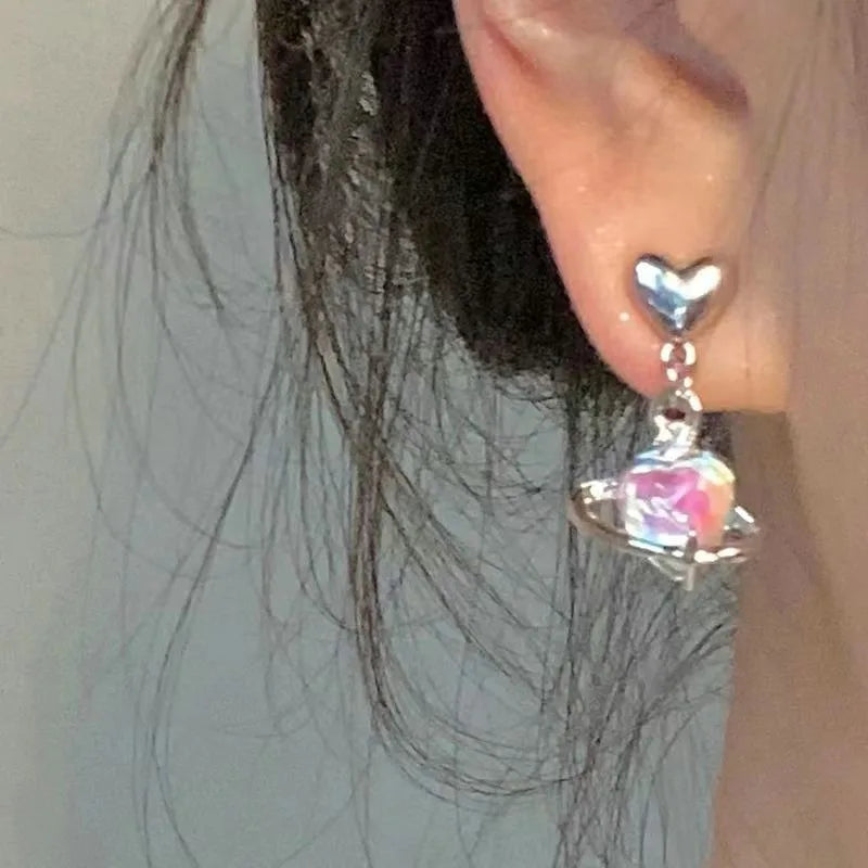 DAIIIBABYYY  -  Korean Fashion Rhinestone Planet Heart Drop Earring Y2K Sweet Cool Girls Fantasy Color Earrings Women Jewelry Party Gifts