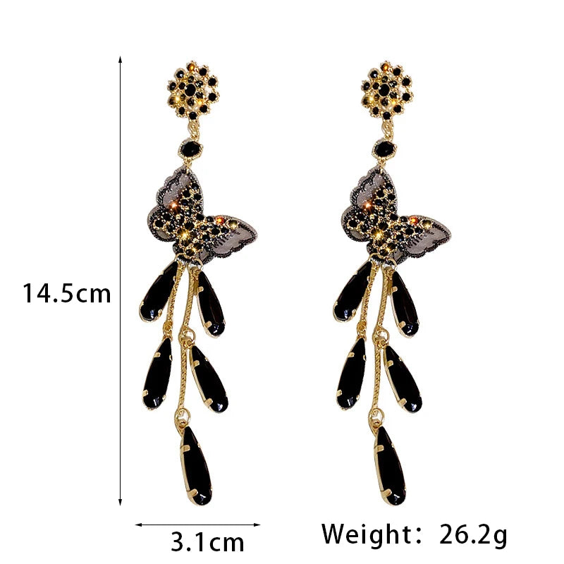 Daiiibabyyy  Black Crystal Butterfly Tassel Dangle Earrings For Women Silver Needle Long Drop Earrings Fashion Personality Jewelry