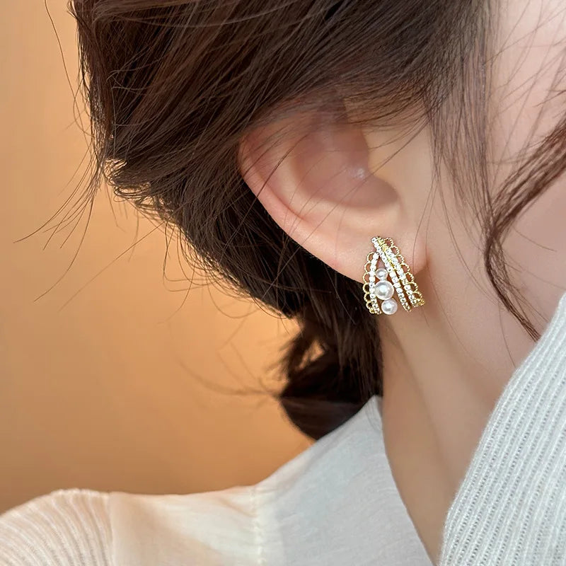 DAIIIBABYYY  -  New Arrival French Light Luxury Zircon Lace Pearl Stud Earrings Fashion Women Geometric Crystal Jewelry Party Gifts