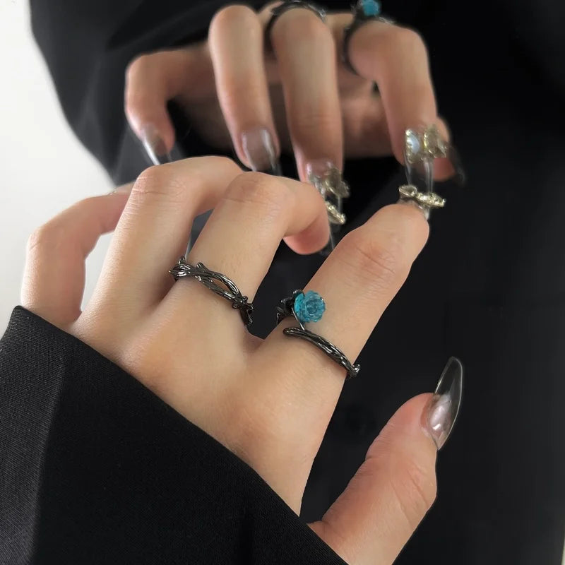 Daiiibabyyy Gothic BLack Thorns Punk Couple Rings Paired Blue Crystal Rose Statement Finger Ring for Men Women Best Friends Fashion Jewelry