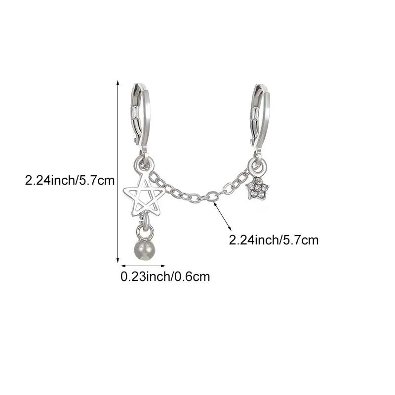 DAIIIBABYYY  -  Hiphop Punk Rhinestone Star Chain Double Ear Hole Fashion Silver Color Round Bead Pendant Hoop Earrings Y2K Fashion Jewelry Gift