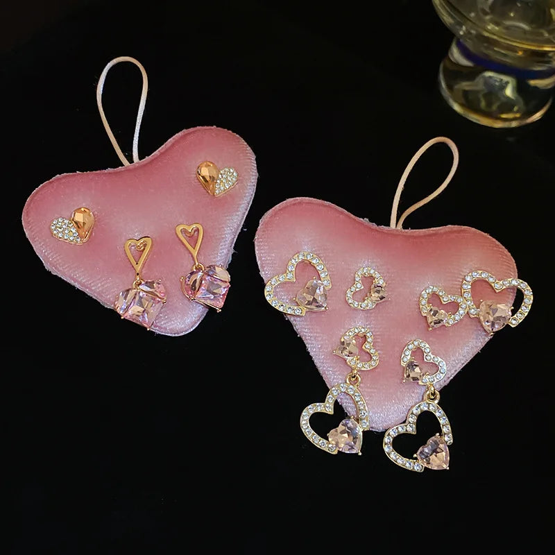 Daiiibabyyy  Silver Needle Studded Diamond Heart Sweet Earrings Set Women's Simple Fashion Temperament Stud Earring Light Luxury High-end