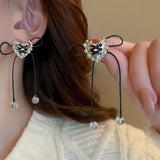 DAIIIBABYYY  -  Silver Plated Heart Ear Stud Long Band Rope Earrings for Women Korean Fashion Fairy Bow-knot Tassel Earring Jewelry
