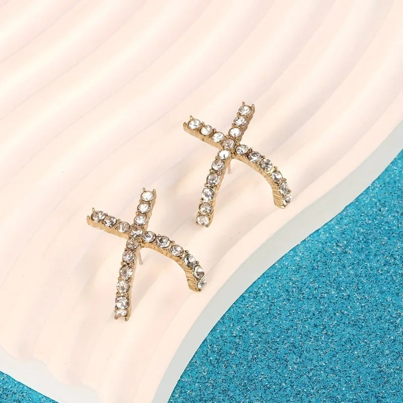 DAIIIBABYYY  -  French Simple X Shape Metal Set Cubic Zirconia Earrings Women's Personalised Hip Hop Style Jewellery Holiday Party Accessories