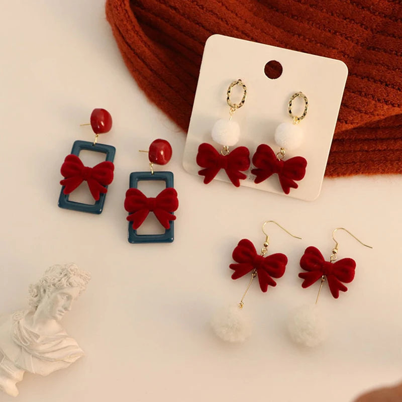 DAIIIBABYYY  -  Women New Year Christmas Wine Red Velvet Bow Earrings Korean Fashion Girls White Plush Ball Dangle Earring Jewelry Gift