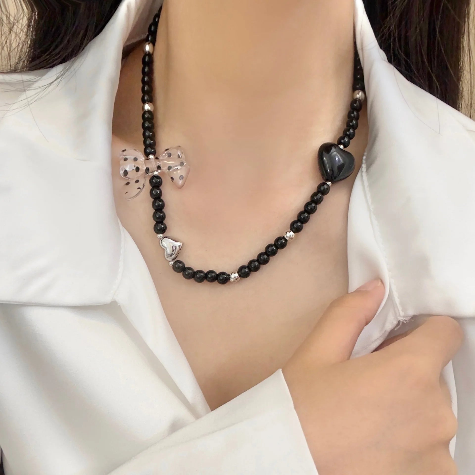 DAIIIBABYYY  -  New black heart polka dot bow necklace high-end sweet style clavicle chain earrings