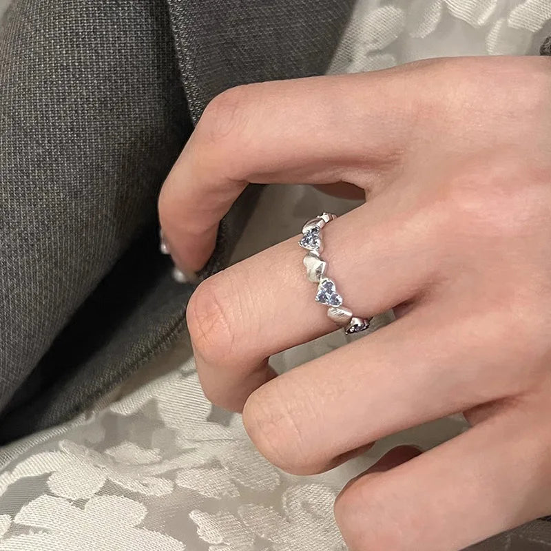 DAIIIBABYYY  -  Blue Zircon Love Heart Rings For Women Girls Fashion Temperament Sweet Elegant Gentle Romantic Anniversary Jewelry Gifts