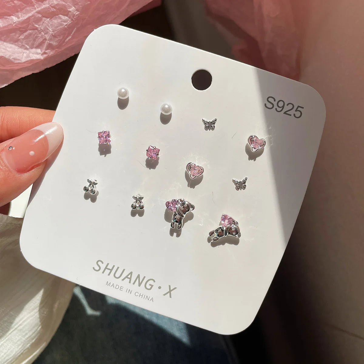 DAIIIBABYYY  -  Summer New Shiny Pink Flower Cherry Butterfly Star Pearl Stud Earrings Set for Women Girls One Week Korean Fashion Jewelry Gift