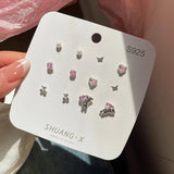 DAIIIBABYYY  -  Summer New Shiny Pink Flower Cherry Butterfly Star Pearl Stud Earrings Set for Women Girls One Week Korean Fashion Jewelry Gift