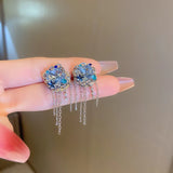 DAIIIBABYYY  -  Luxury Blue Gradient Crystal Butterfly Flower Pearl Earrings Flower Geometric Women Korean Fashion Kpop Tassel Earring