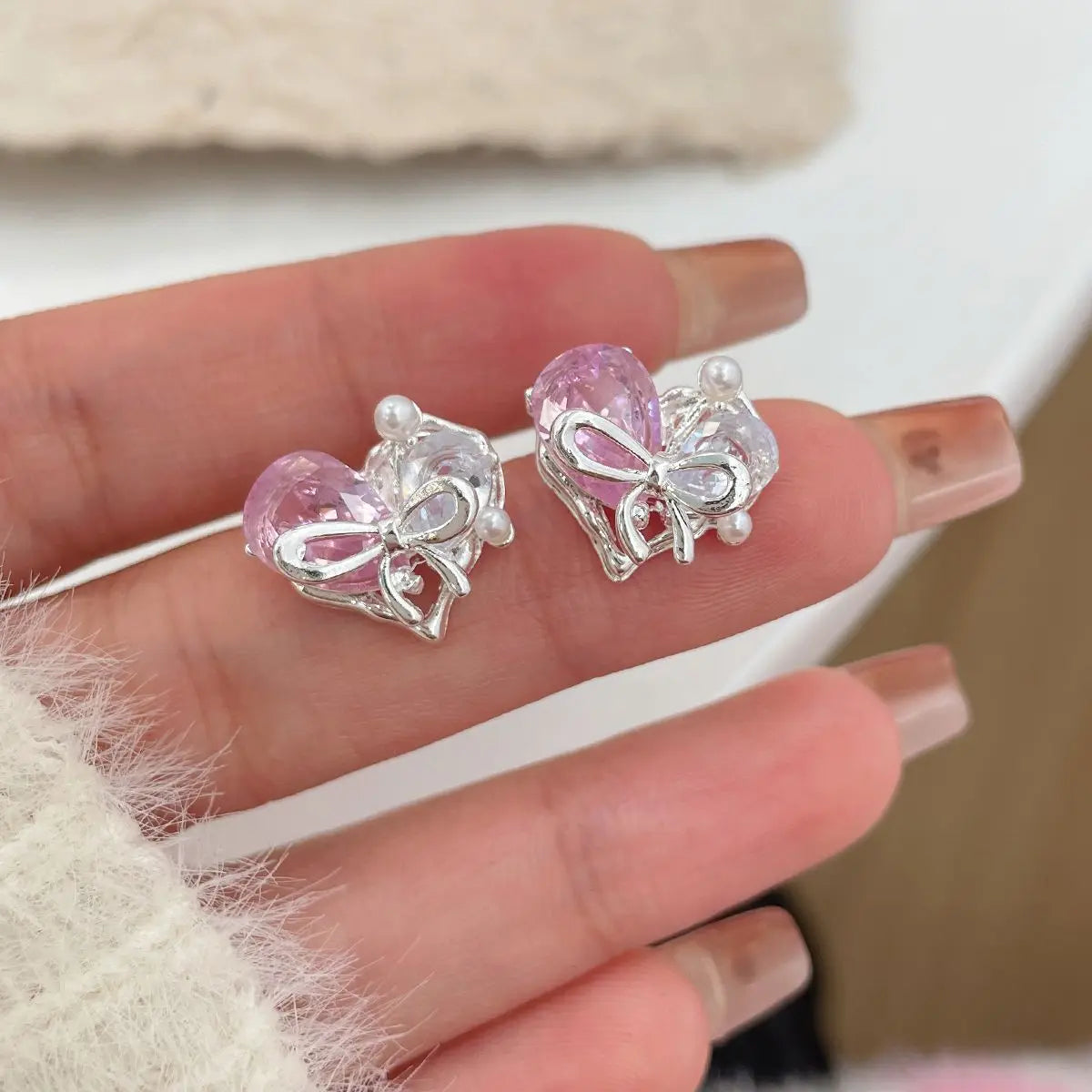 DAIIIBABYYY  -  Girls White Zircon Bow-knot Pearl Drop Earrings for Women Korean Fashion Sweet Cute Bow Stud Earring Luxury Jewelry Gift