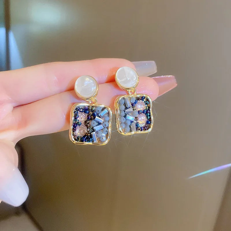 DAIIIBABYYY  -  Luxury Blue Gradient Crystal Butterfly Flower Pearl Earrings Flower Geometric Women Korean Fashion Kpop Tassel Earring