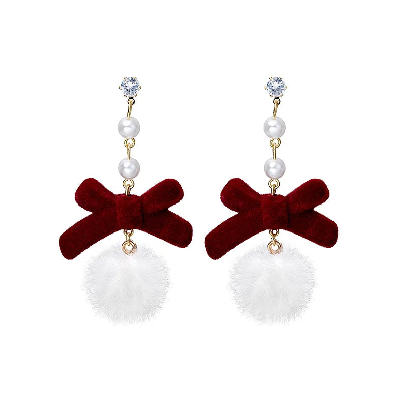 DAIIIBABYYY  -  New Romantic Winter Red Velvet Flocking Bow-knot Earrings Korean Fashion White Furry Ball Multi-style Dangle Earring Jewelry