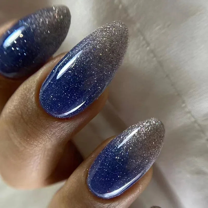 Daiiibabyyy 24Pcs Long French False Nails Almond Fake Nails with Shiny Sequin Design Stripe Finished Press on Nails Wearable Round Nail Tips