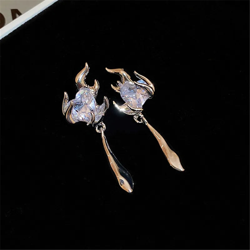 DAIIIBABYYY  -  Korea Fashion Geometric Flame Metal Inlay Zircon Heart Drop Earrings For Women Party Jewelry Accessories