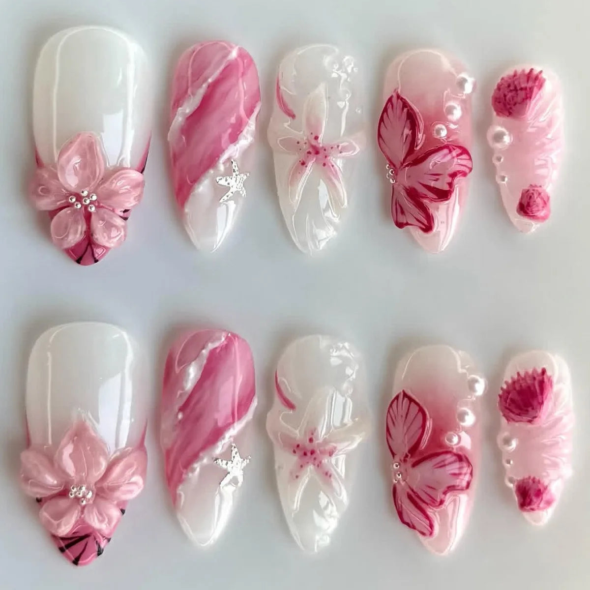 Daiiibabyyy  24pcs Wearable Fake Nails Pink Long Almond False Nail Flower Starfish Pattern Design Press on Nails Pearl Full Cover Nail Tips