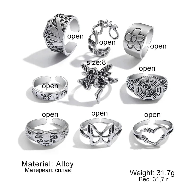 DAIIIBABYYY  -  Punk Gothic Angel Fairy Rings Set for Women Men Retro Silver Color Plated Butterfly Heart Charm Finger Ring Jewelry