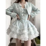 Daiiibabyyy  Y2k Harajuku Sweet Camisole Dress+ Aesthetic Grunge Fashion Vintage Cardigan Women Tailored Coat Blue Two Piece Sets