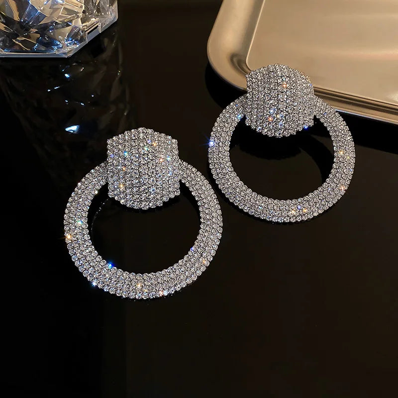Daiiibabyyy  Silver Needle Zircon Leaf Geometric Circle Earrings European and American Fashion High-end Earring Daily Commuting Jewelry