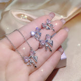 DAIIIBABYYY  -  2024 Fashion Sweet Zircon Bow Necklace Earrings Rings Set Three Pieces Silver Color Elegent Luxury Y2K Jewelry Set Party Gifts 